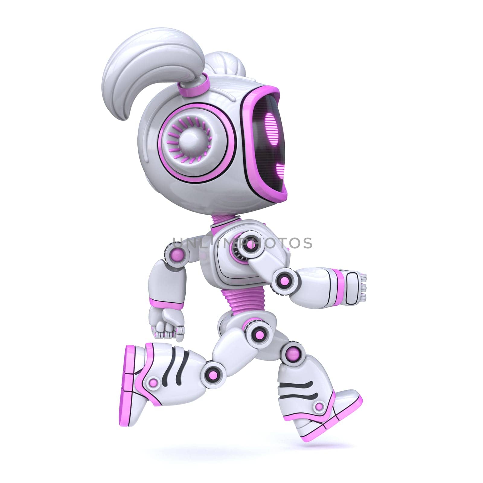 Cute pink girl robot running 3D rendering illustration isolated on white background