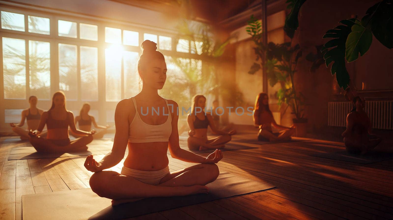 Participants engage in a calming yoga session in a sunlit room featuring wooden floors and large windows, creating a peaceful atmosphere at sunset - Generative AI