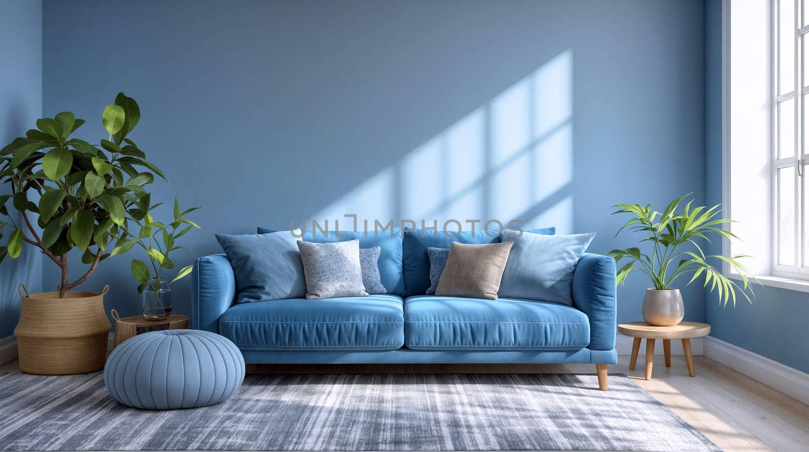 This living room features a comfortable blue sofa, decorative cushions, and green plants, all illuminated by soft natural daylight through large windows - Generative AI