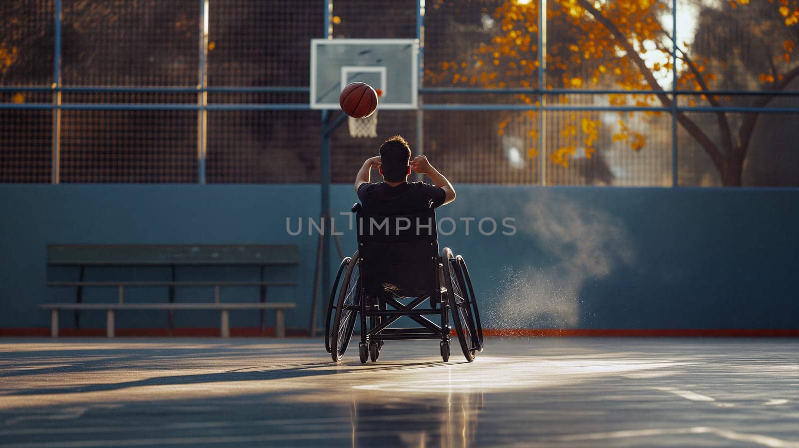 A determined basketball player in a wheelchair focuses on making a basket at an outdoor court during sunset, highlighting resilience through sport - Generative AI