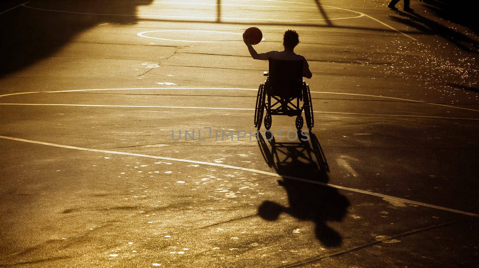 A wheelchair basketball player prepares to shoot while practicing on an outdoor court as the sun sets, casting long shadows on the ground - Generative AI