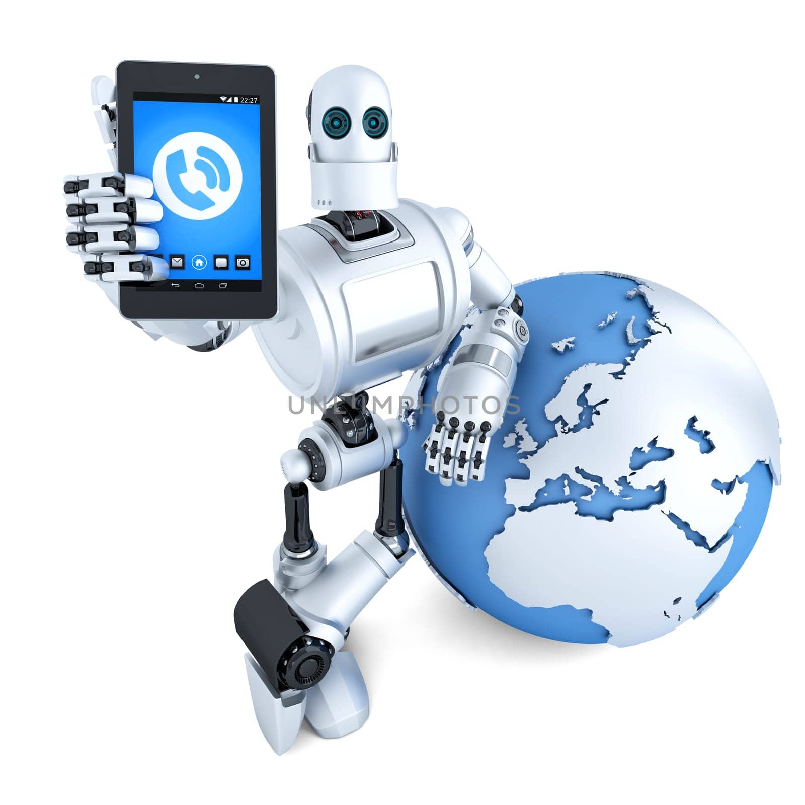Robot with tablet phone and earth globe. Global communication concept. Isolated over white. Contains clipping path