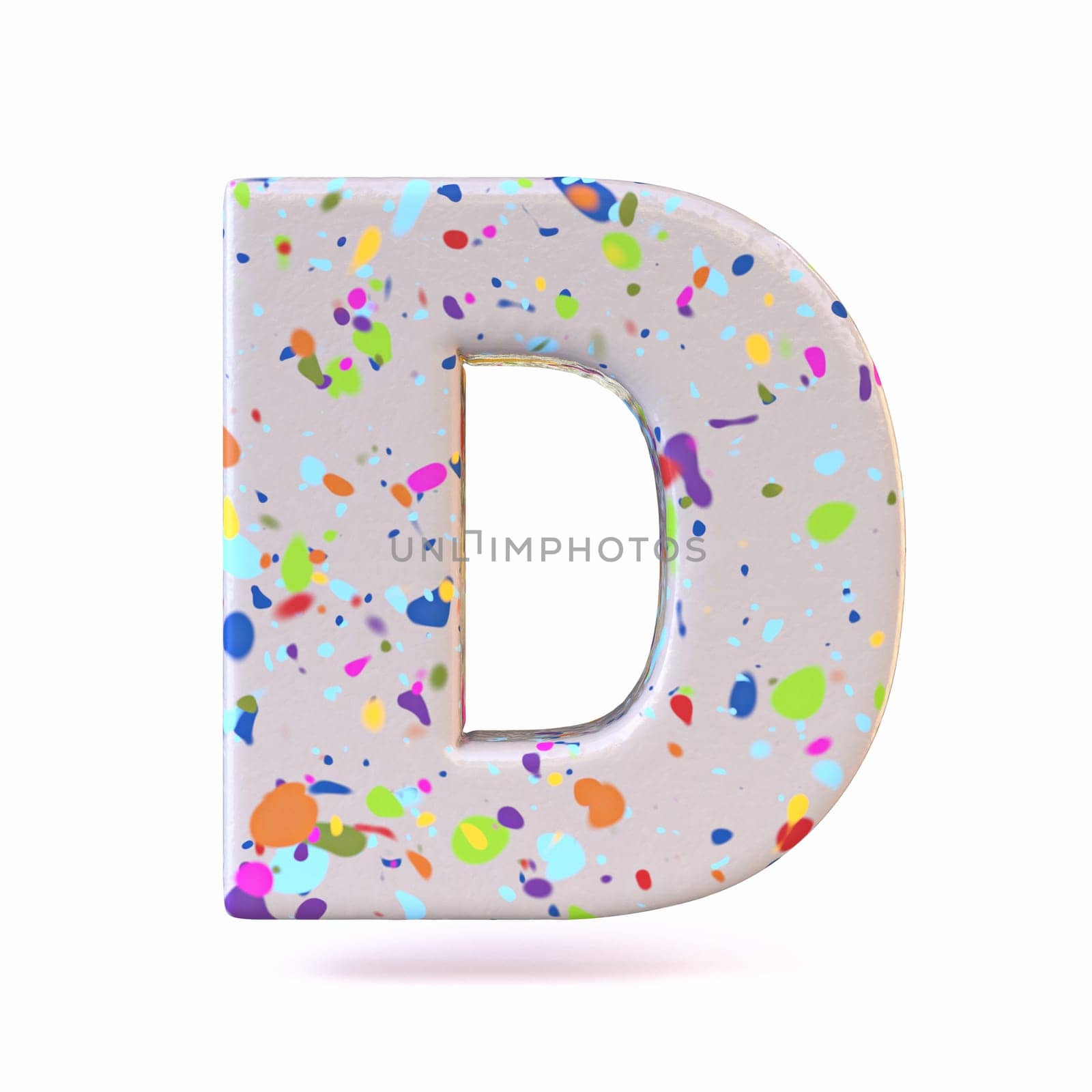 Colorful terrazzo pattern font Letter D 3D render illustration isolated on white background