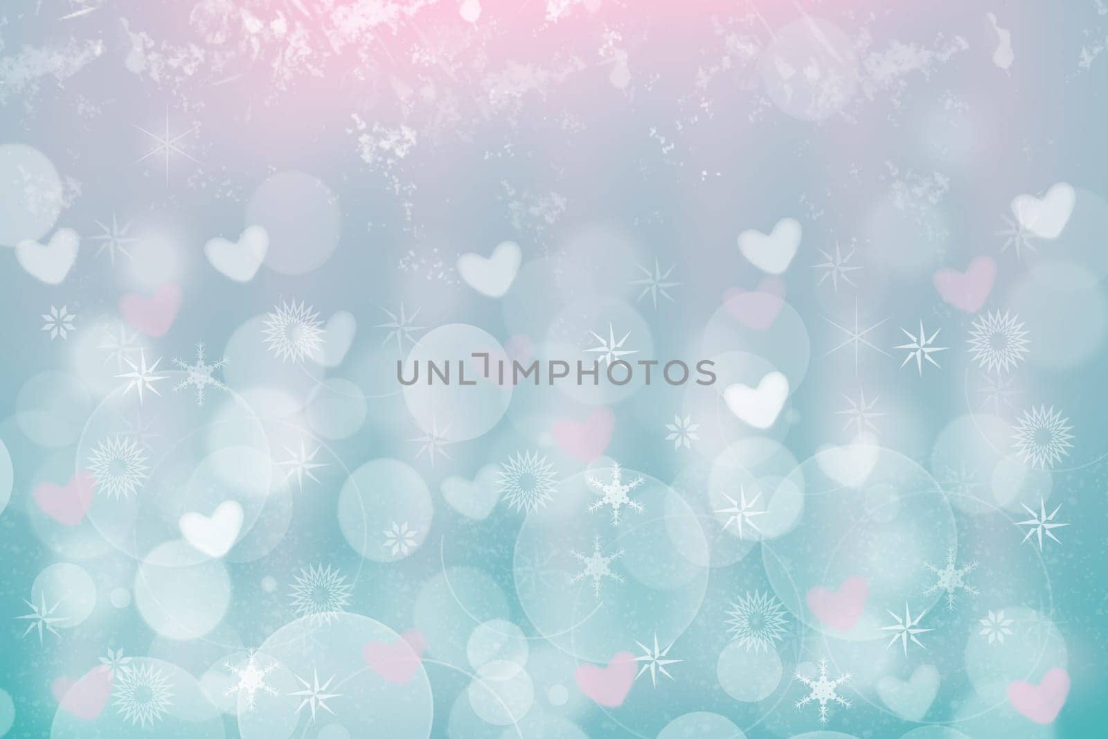 Valentines or mothers day card template. Abstract delicate romantic illustrated blue gradient pink background texture with pink and white bokeh hearts. Beautiful backdrop.