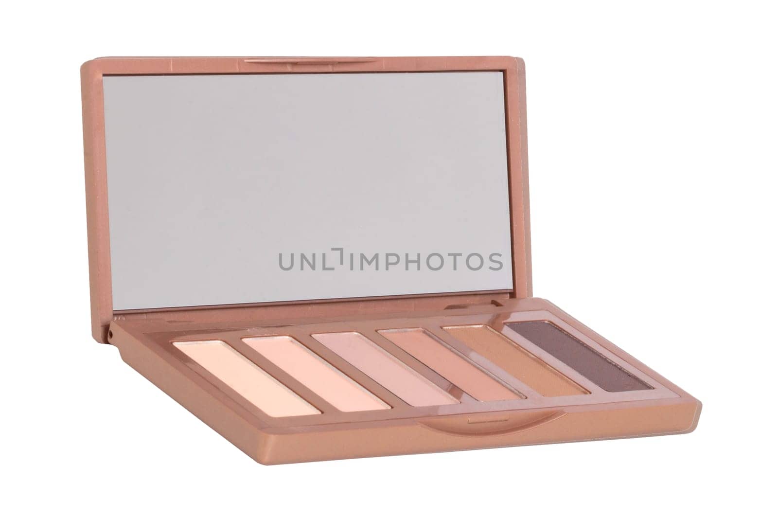 Cosmetic products isolated. Close-up of an elegant cosmetic brown multi-color box with mirror and eye shadow powder isolated on a white background. Macro.