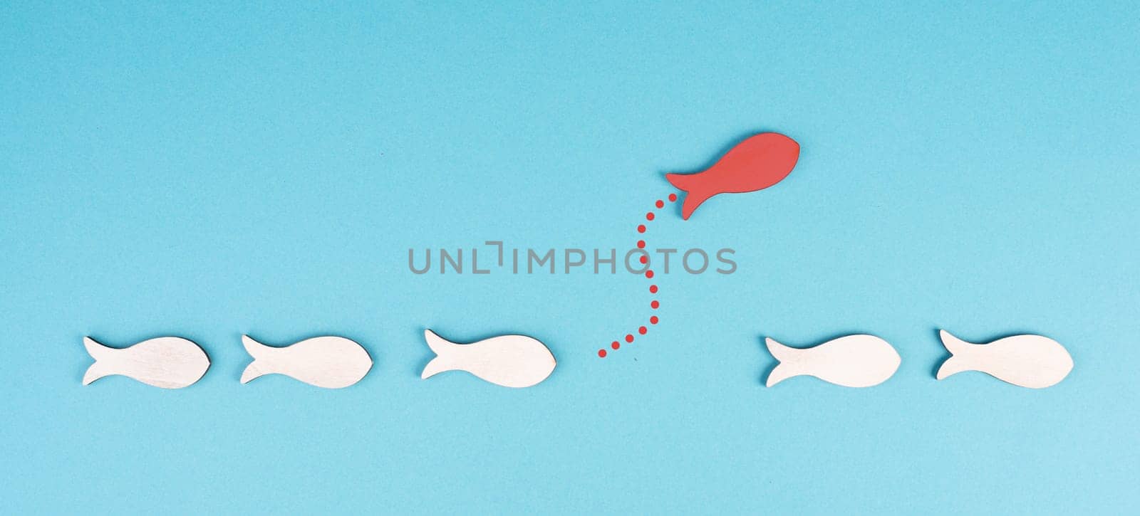 One red fish takes a different direction, leader of the group, leadership and teamwork concept, be a winner, success and start up in business, follow a new idea, jump to freedom