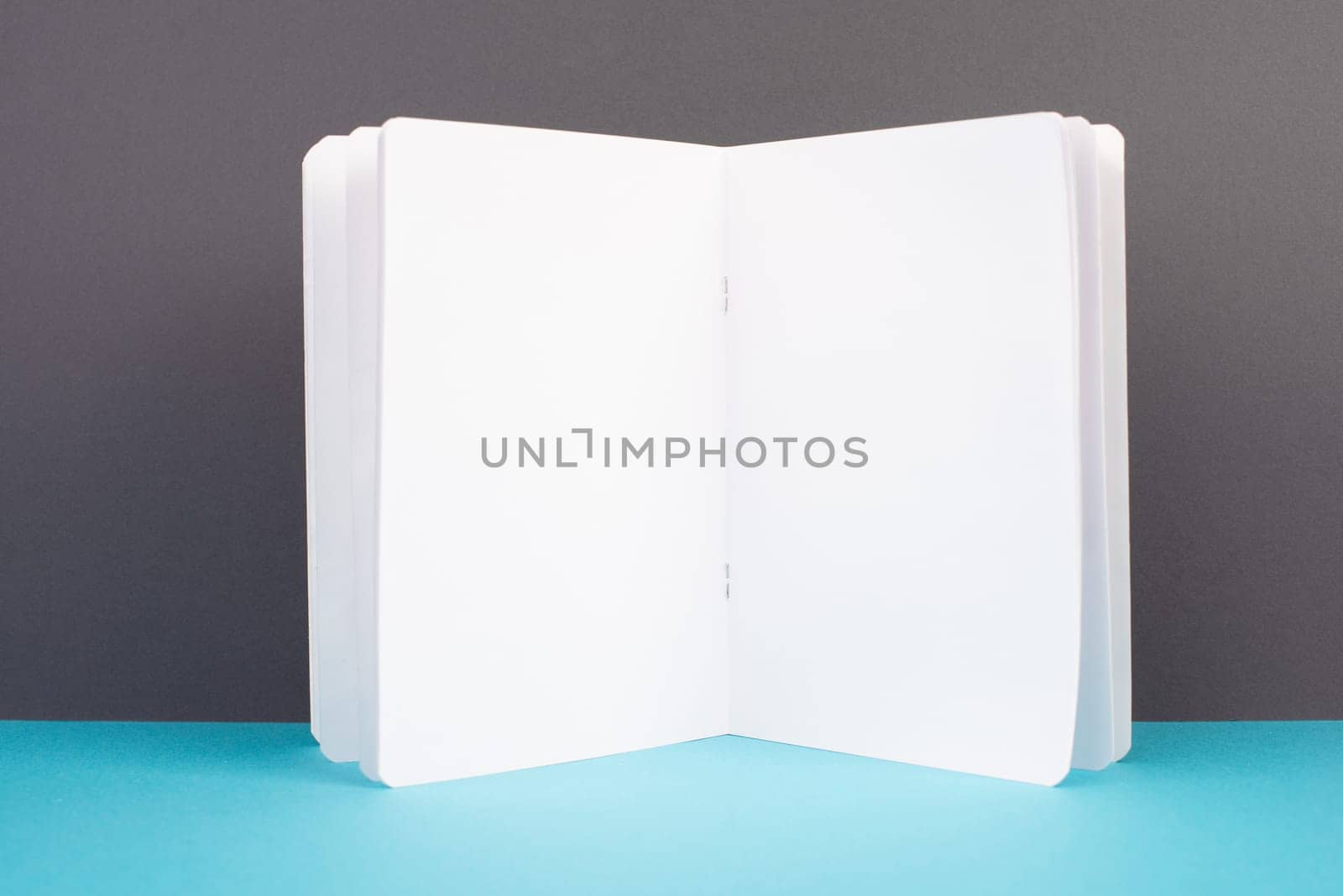Open white book page, school and education concept, copy space for text, blank paper, gray and blue background