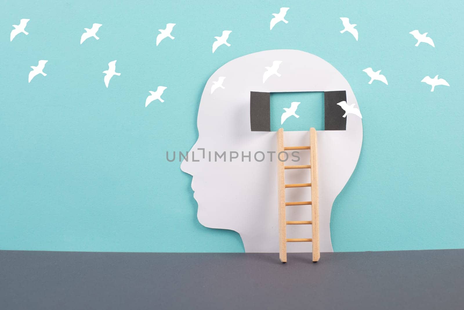 Silhouette of a man, window to the brain, birds flying, ladder of success, open minded, brainstorming for ideas, disorder and psychology concept