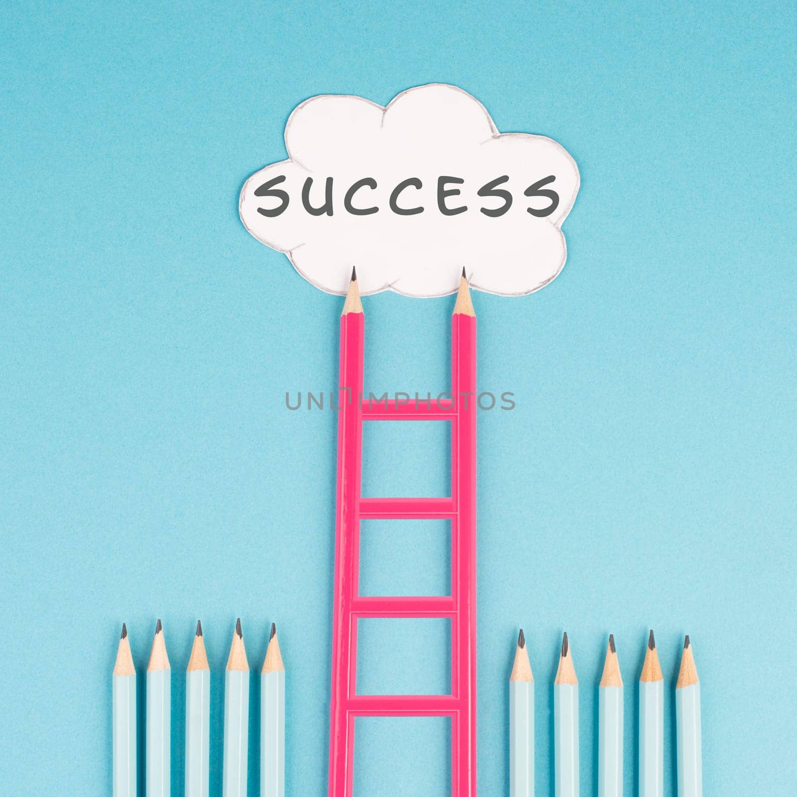 Ladder of success build with pencils, opportunity strategy, blue background, copy space for text, step by step concept, progress in business and education, have a goal