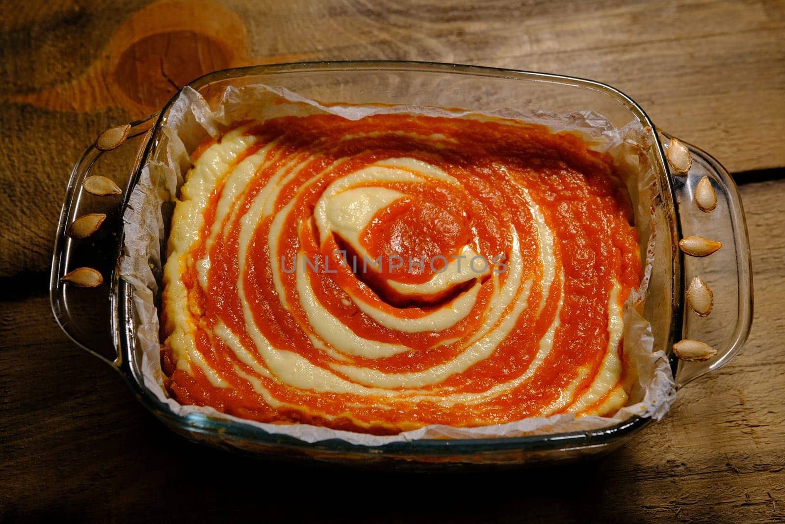 Homemade pumpkin pie cheesecake. Orange dessert. vertical image. top view