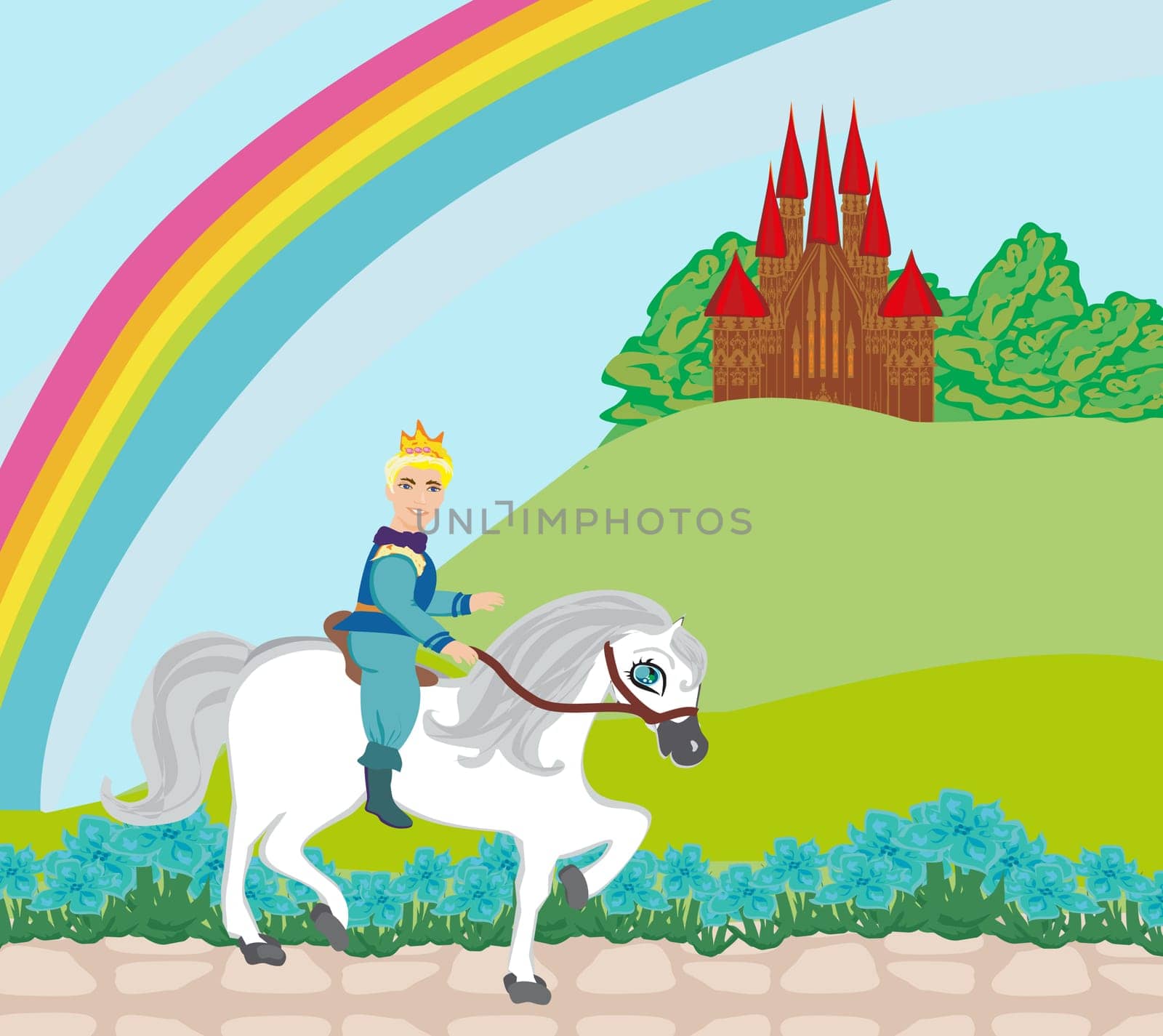 Prince riding a horse to the castle
