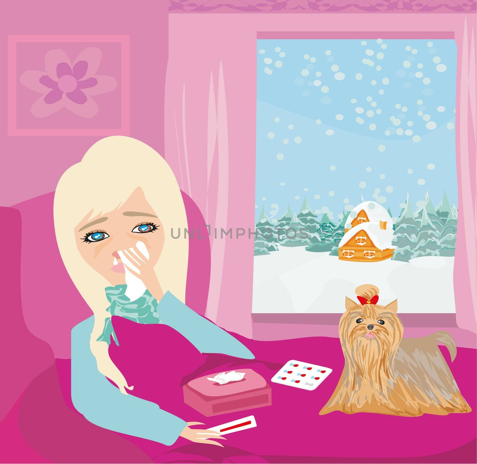 sick girl lying in bed