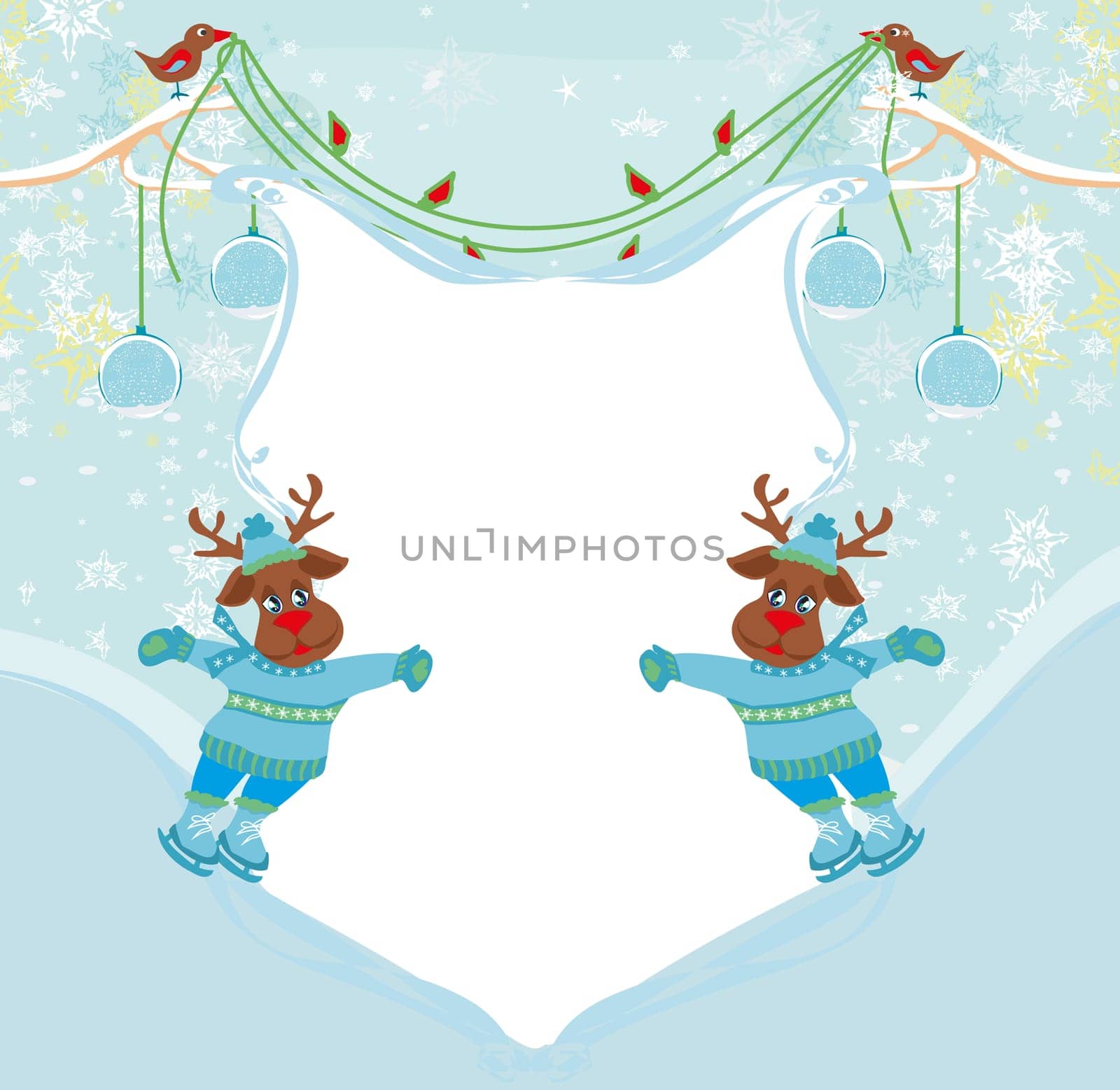 Christmas reindeer with scarf skates on ice - abstract frame