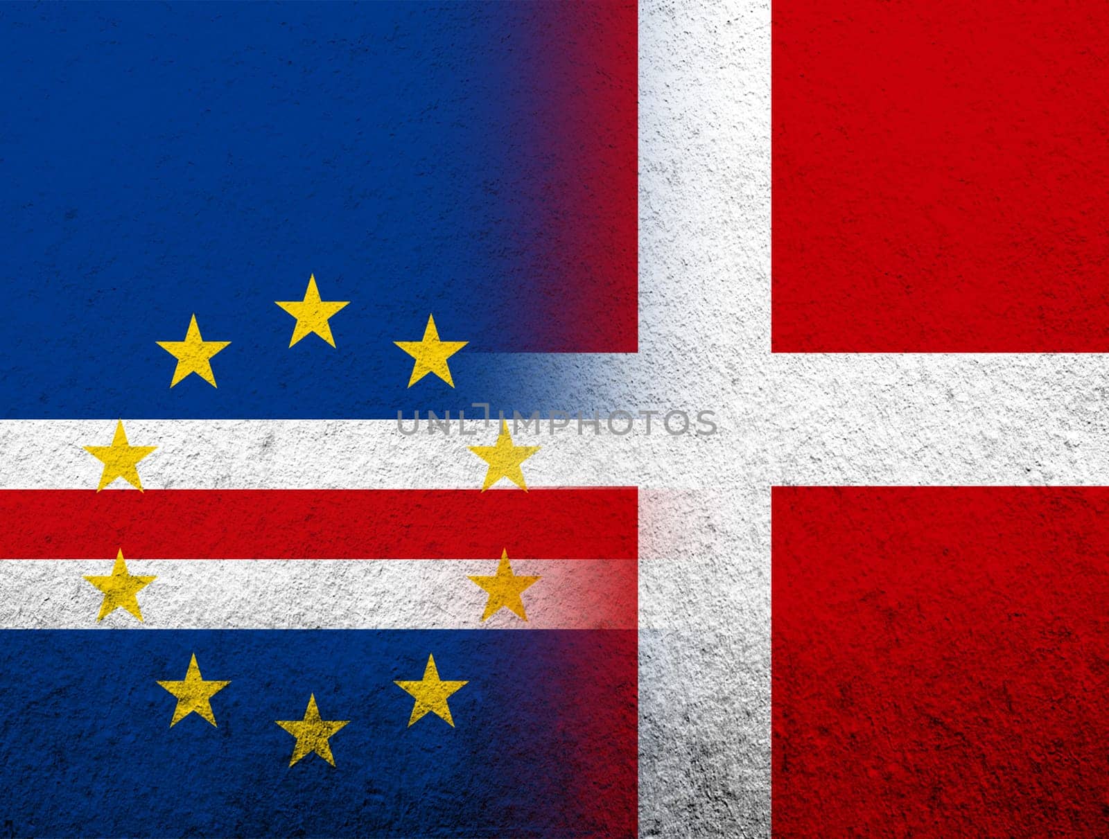 the Kingdom of Denmark National flag with Cape Verde National flag. Grunge Background