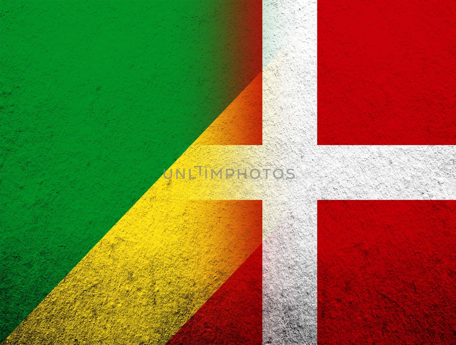 the Kingdom of Denmark National flag with Congo-Brazzaville National flag. Grunge Background