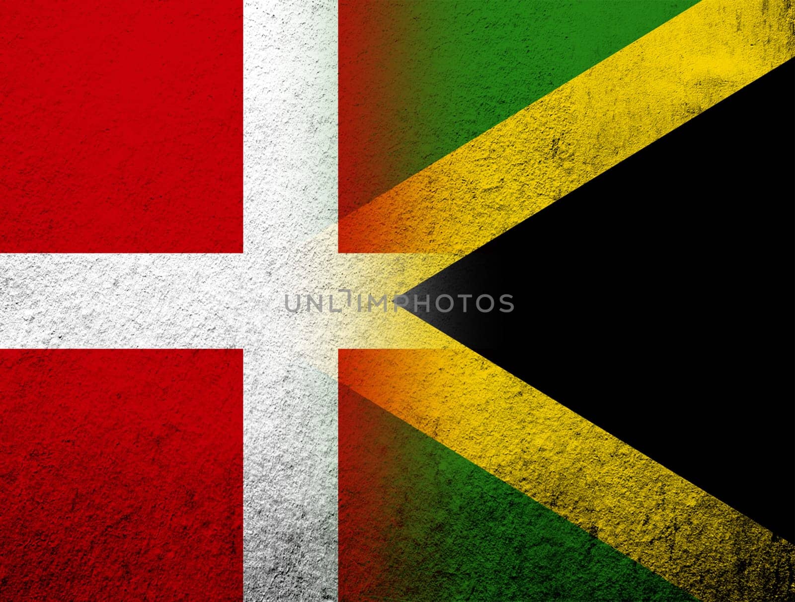 the Kingdom of Denmark National flag with National flag of Jamaica. Grunge Background