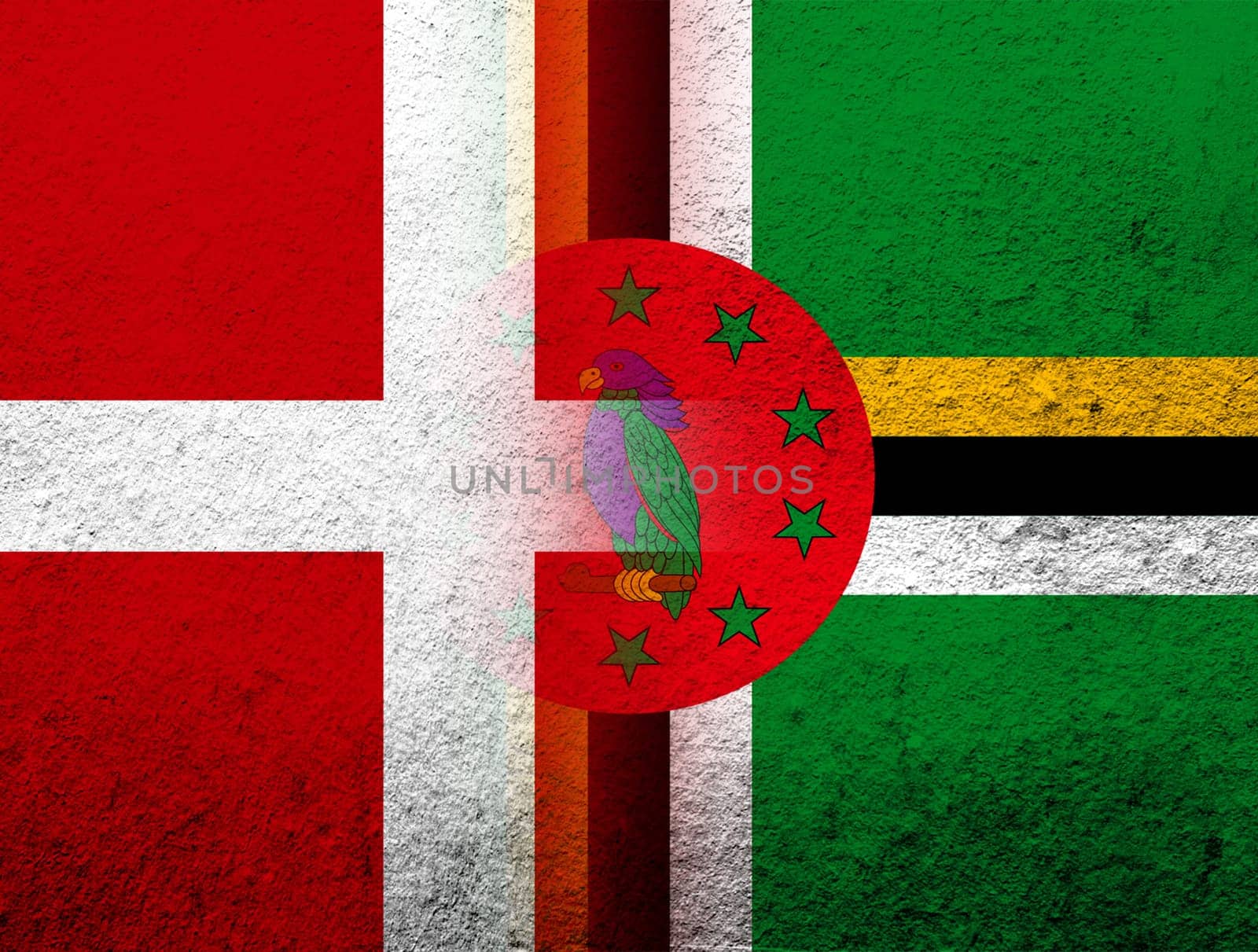 the Kingdom of Denmark National flag with Dominica National flag. Grunge Background