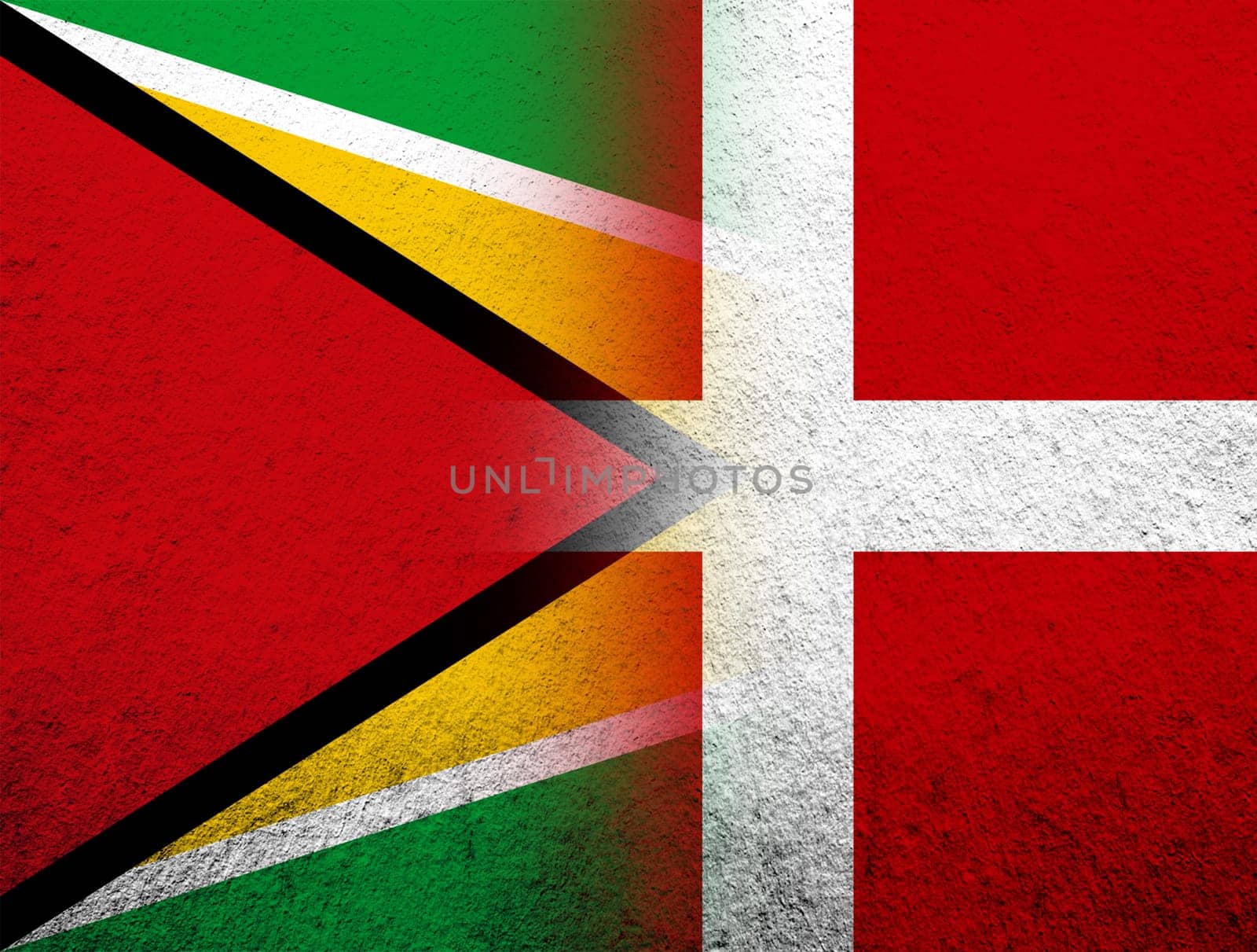 the Kingdom of Denmark National flag with Guyana National flag. Grunge Background
