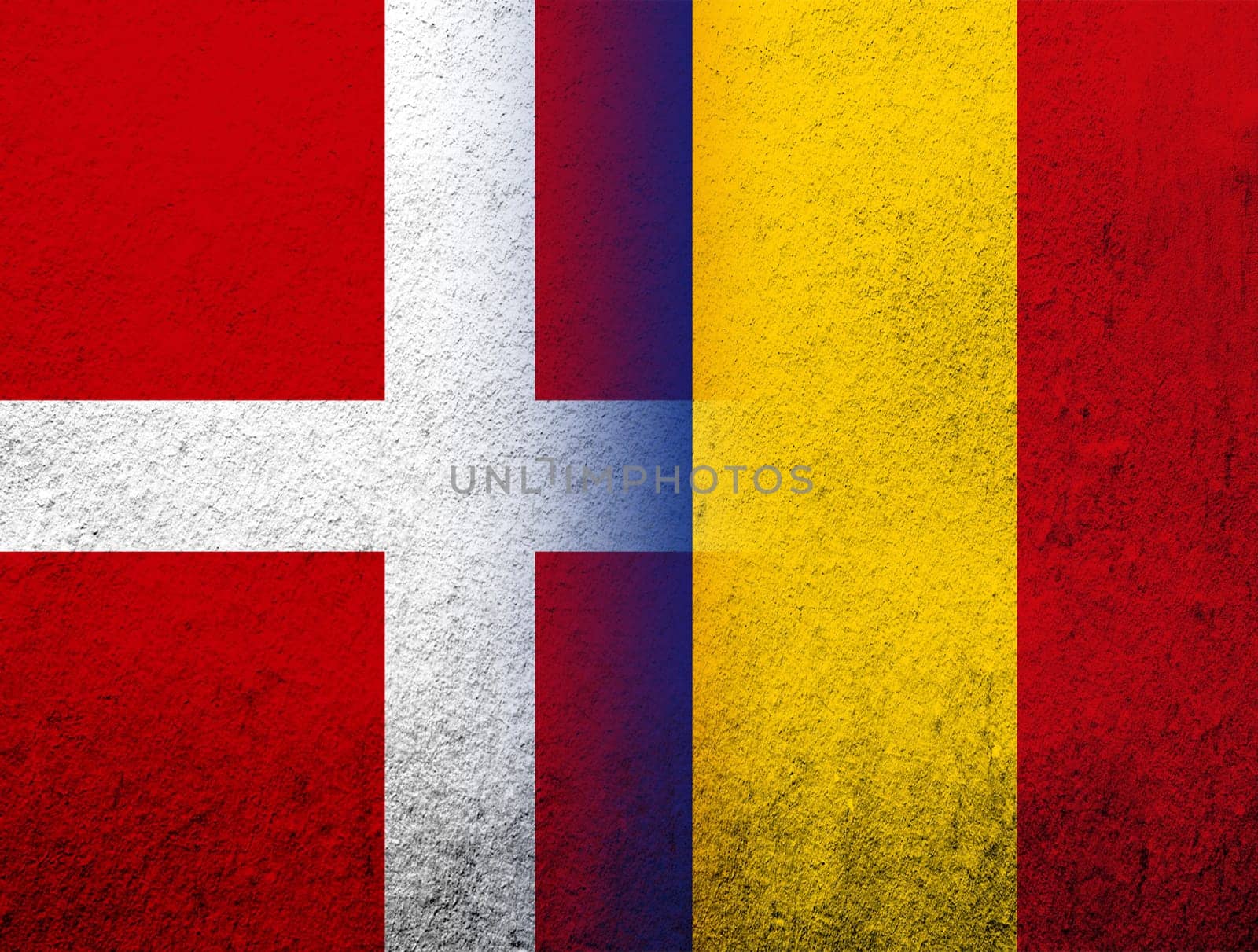 the Kingdom of Denmark National flag with National flag of Romania. Grunge Background