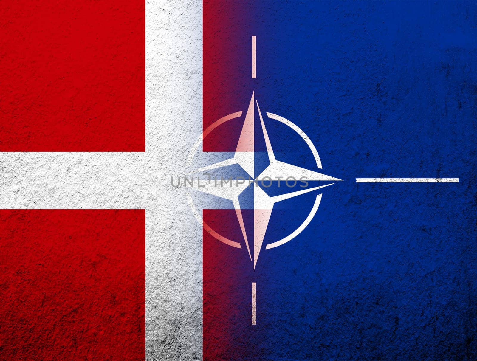 the Kingdom of Denmark National flag with Flag of North Atlantic Alliance NATO. Grunge Background