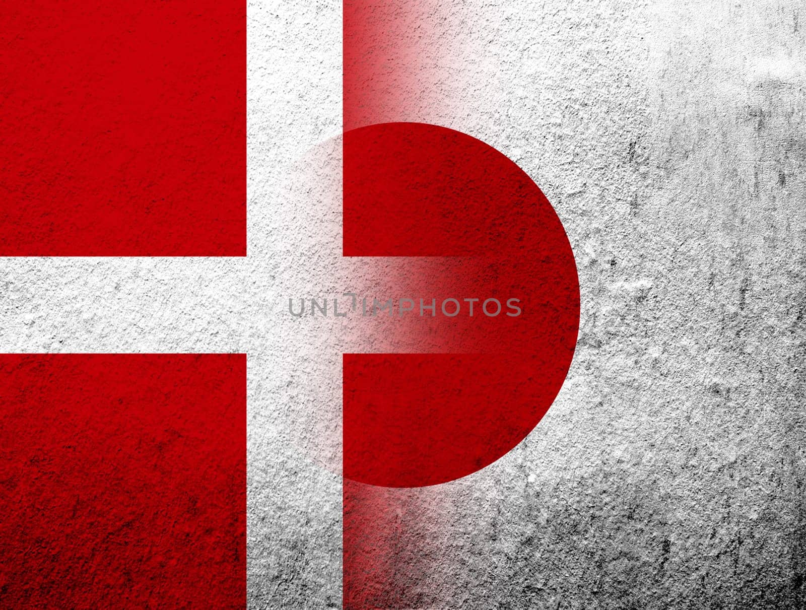the Kingdom of Denmark National flag with National flag of Japan. Grunge Background