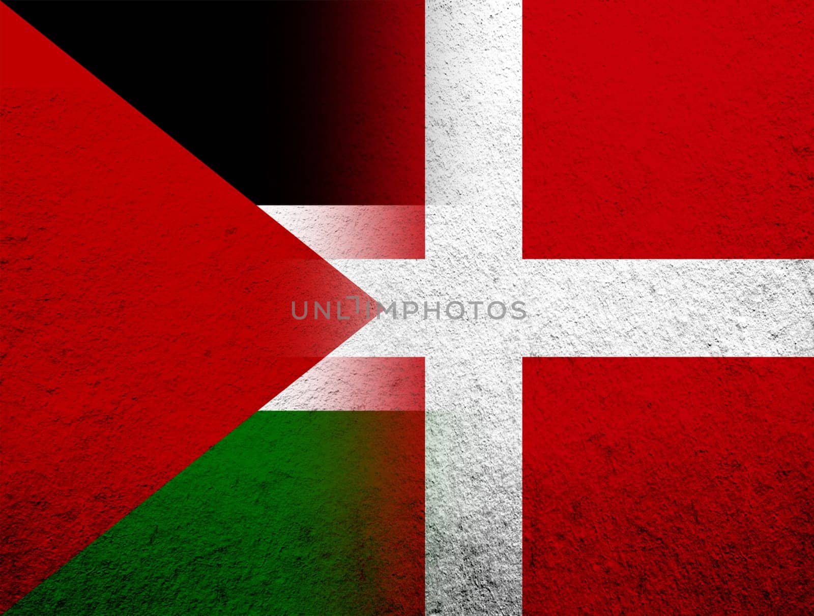 the Kingdom of Denmark National flag with Flag of Palestine. Grunge Background