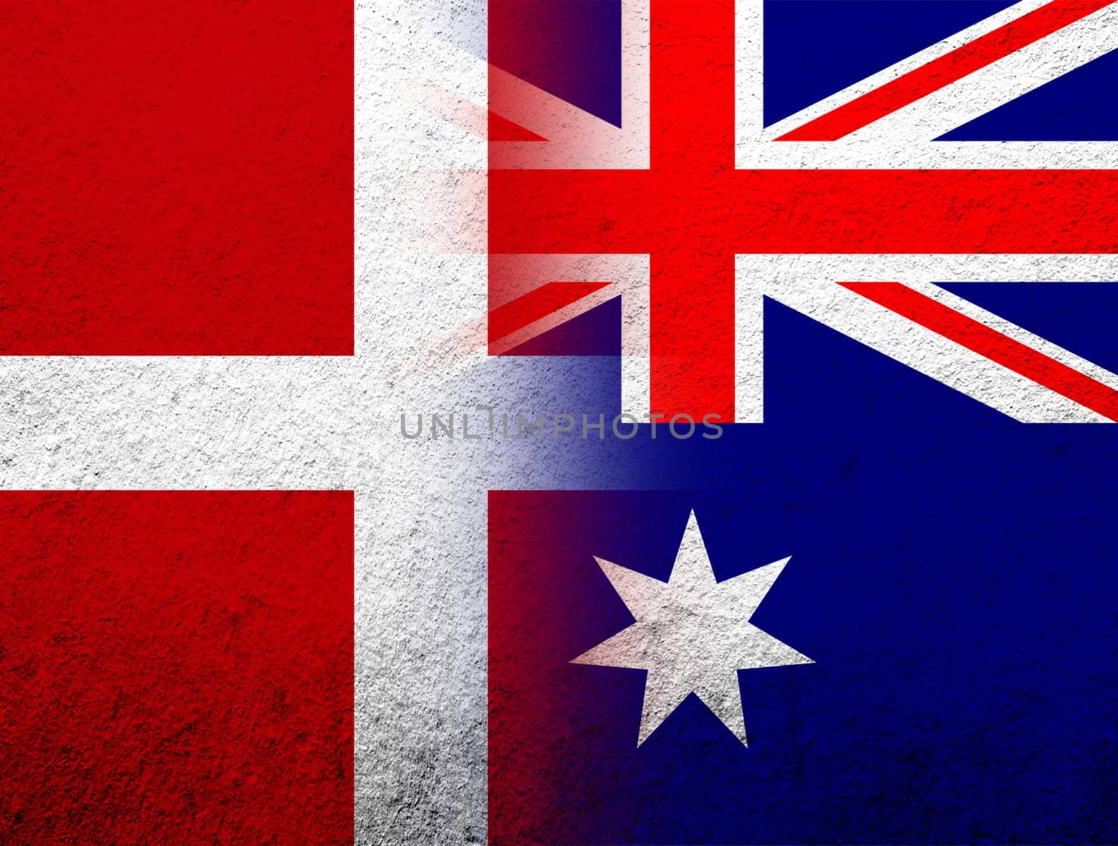 the Kingdom of Denmark National flag with National flag of Australia. Grunge Background