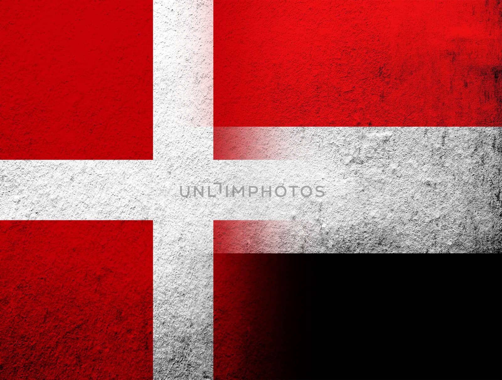 the Kingdom of Denmark National flag with National flag of Yemen. Grunge Background
