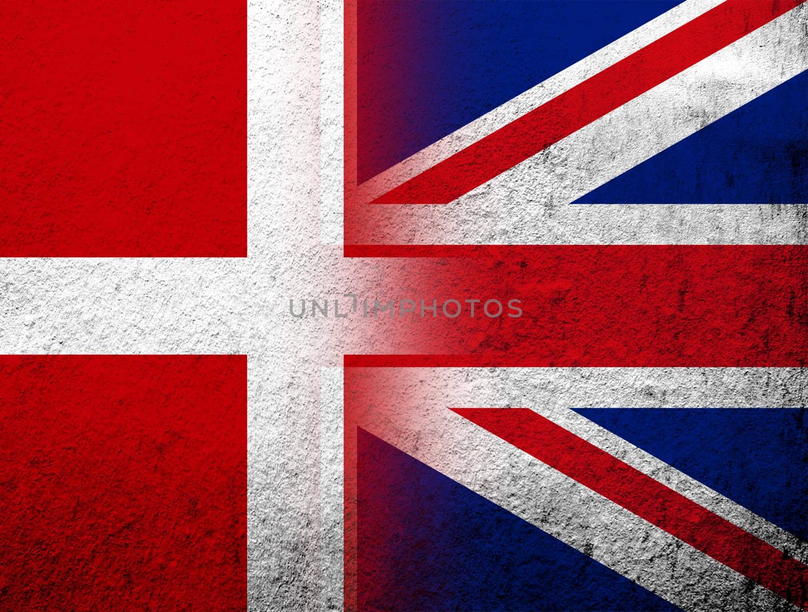 the Kingdom of Denmark National flag with National flag of United Kingdom, Great Britain. Grunge Background