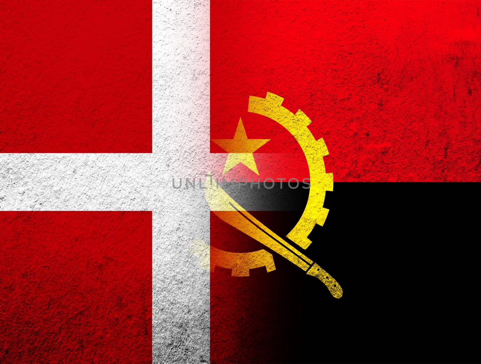 the Kingdom of Denmark National flag with Republic of Angola national flag. Grunge Background
