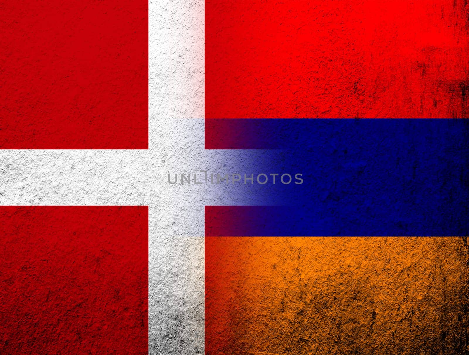 the Kingdom of Denmark National flag with Republic of Armenia  national flag. Grunge Background