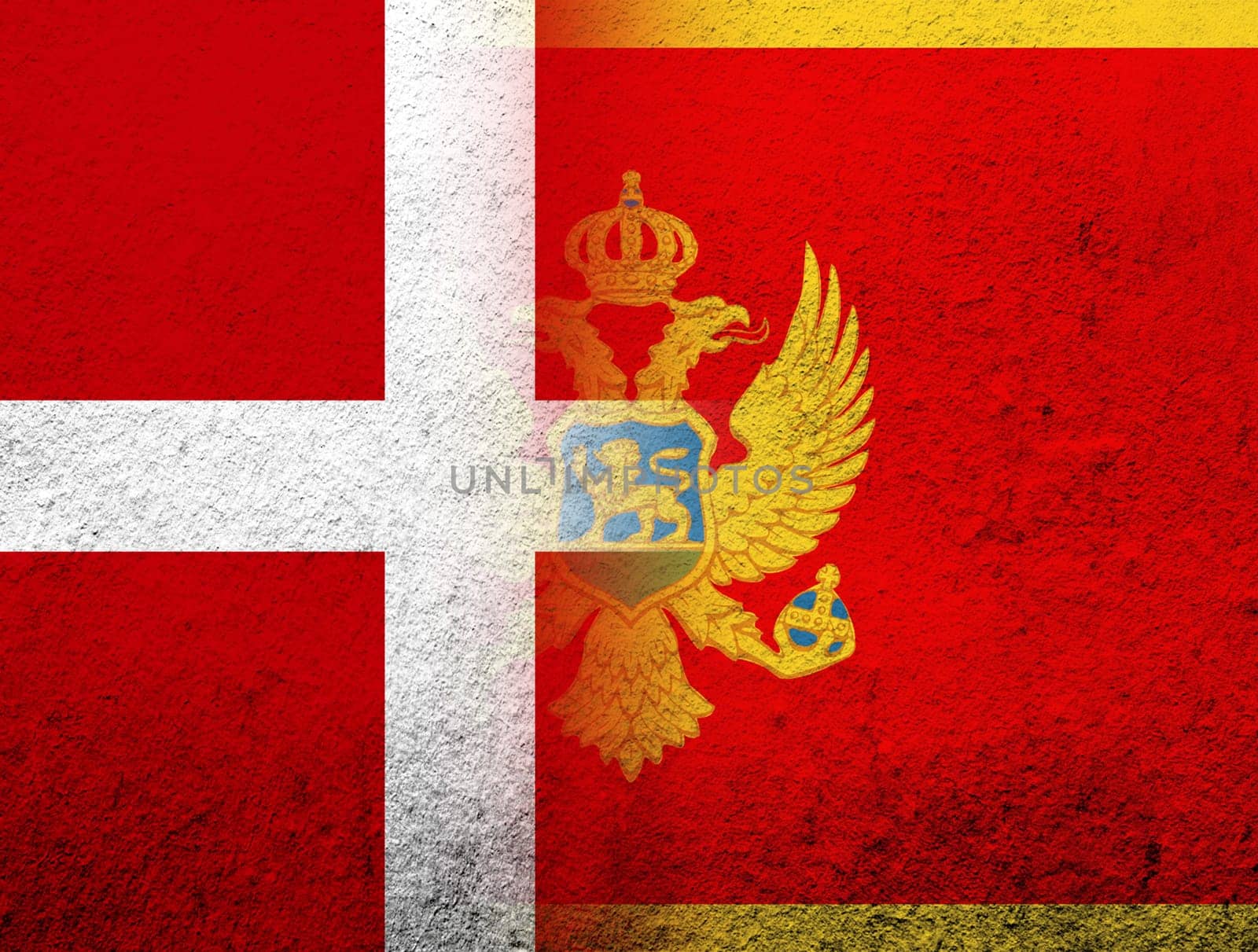 the Kingdom of Denmark National flag with National flag of Montenegro. Grunge Background