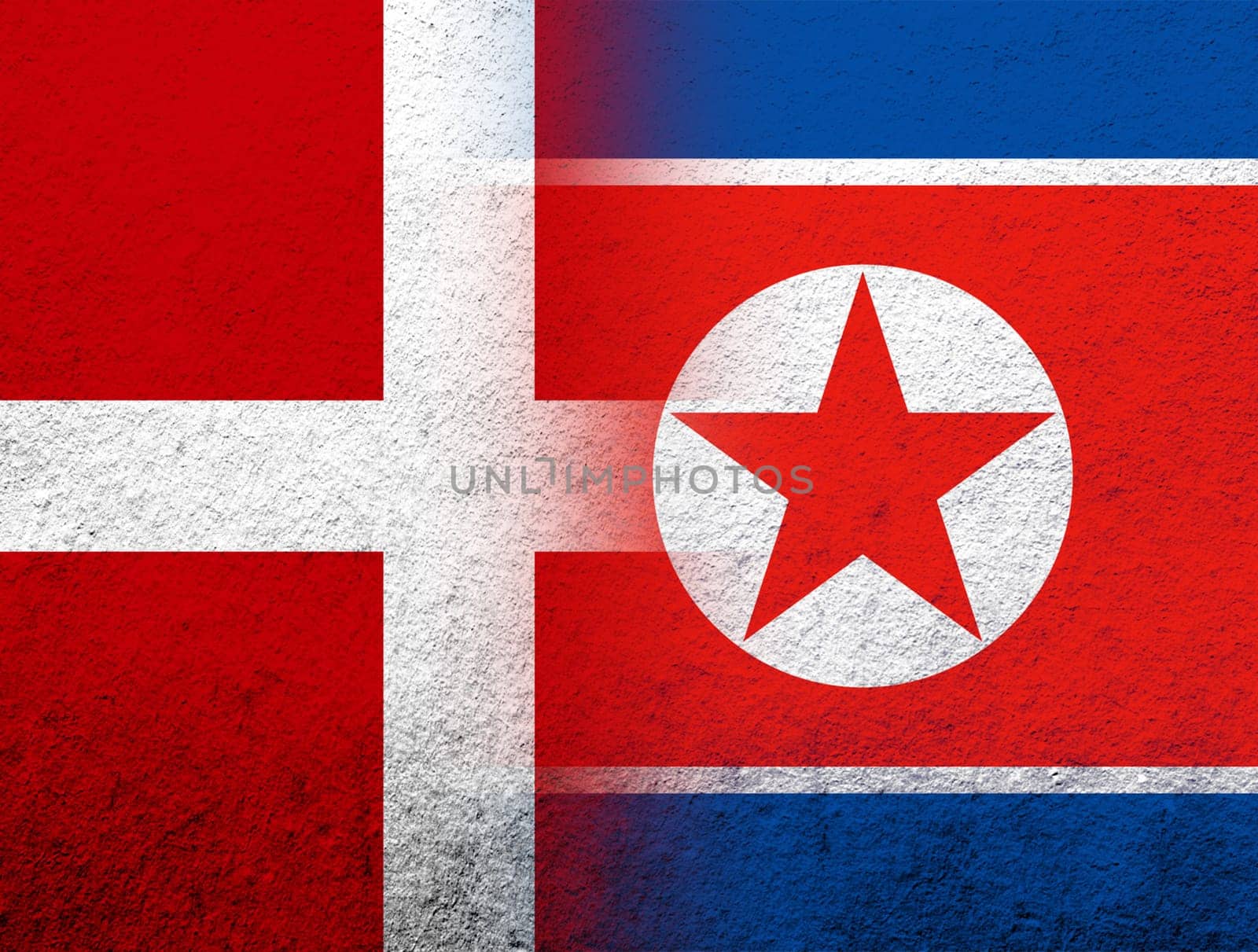 the Kingdom of Denmark National flag with North Korea National flag. Grunge Background