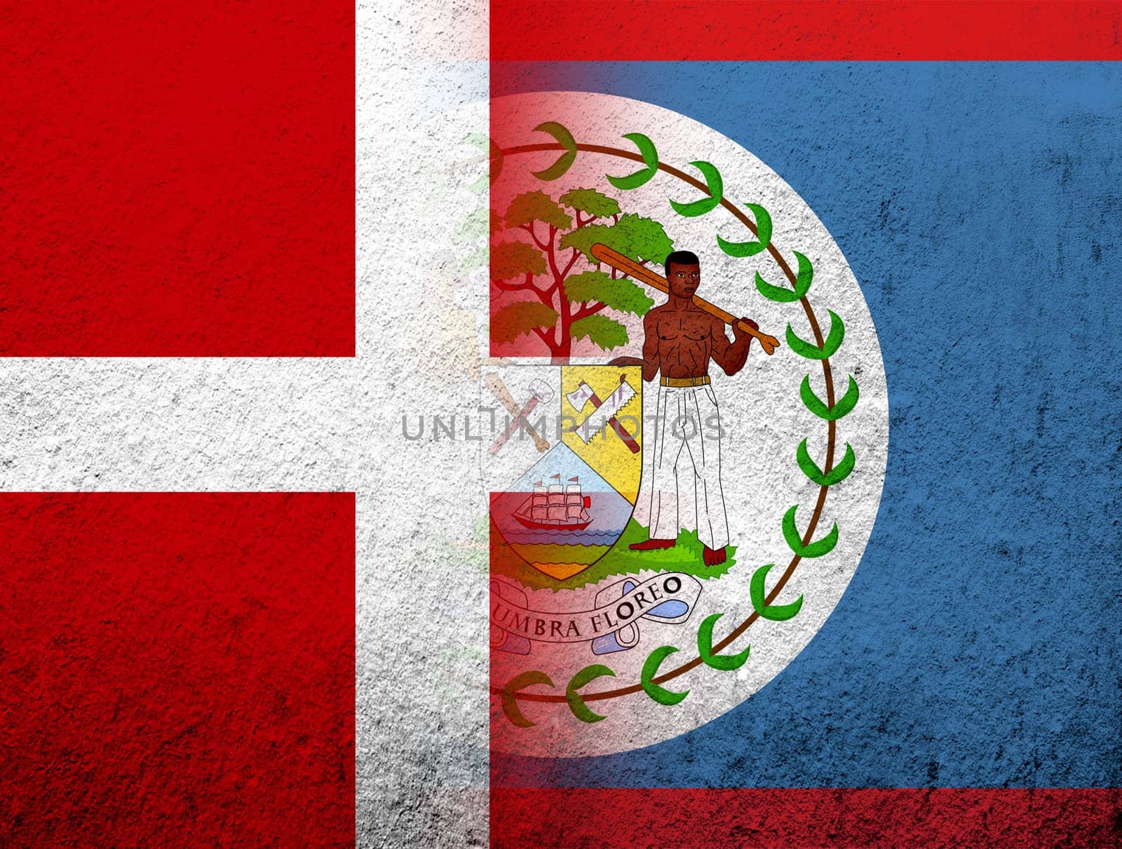 the Kingdom of Denmark National flag with National flag of Belize. Grunge Background