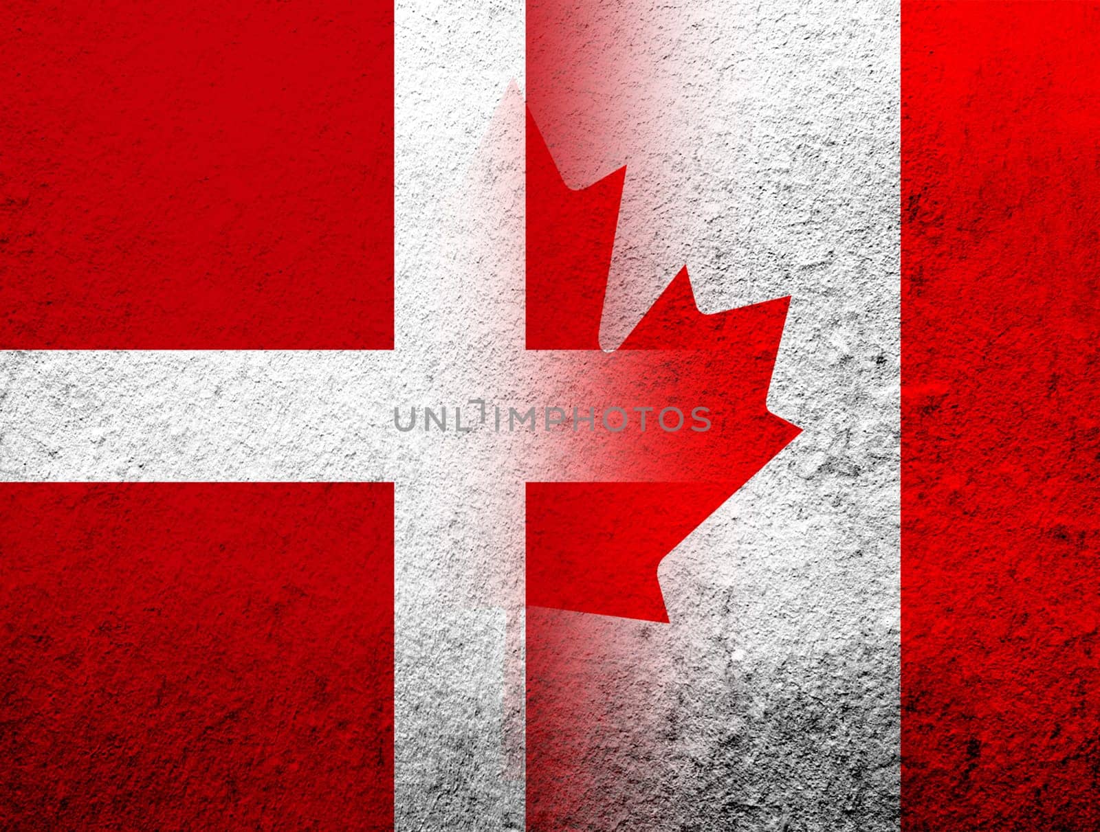 the Kingdom of Denmark National flag with National flag of Canada Maple Leaf. Grunge Background