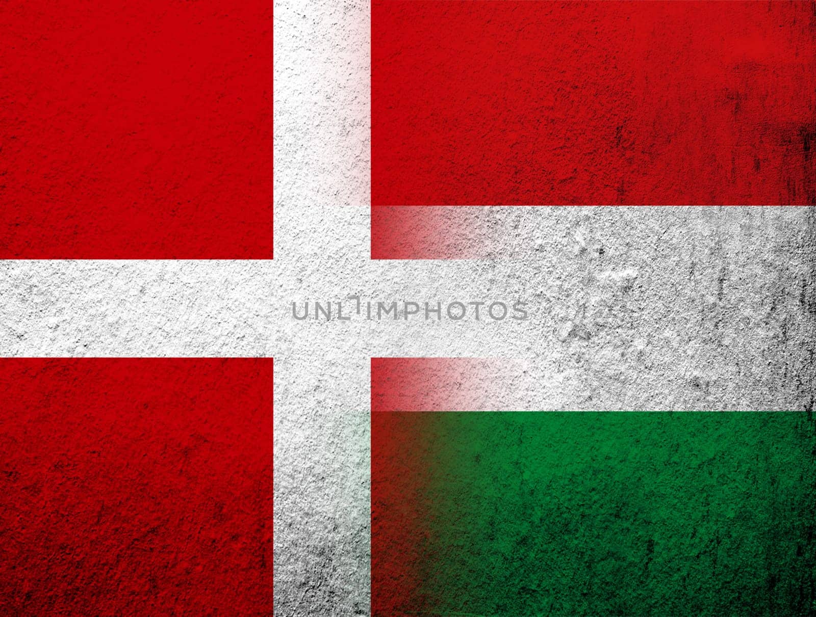 the Kingdom of Denmark National flag with National flag of Hungary. Grunge Background
