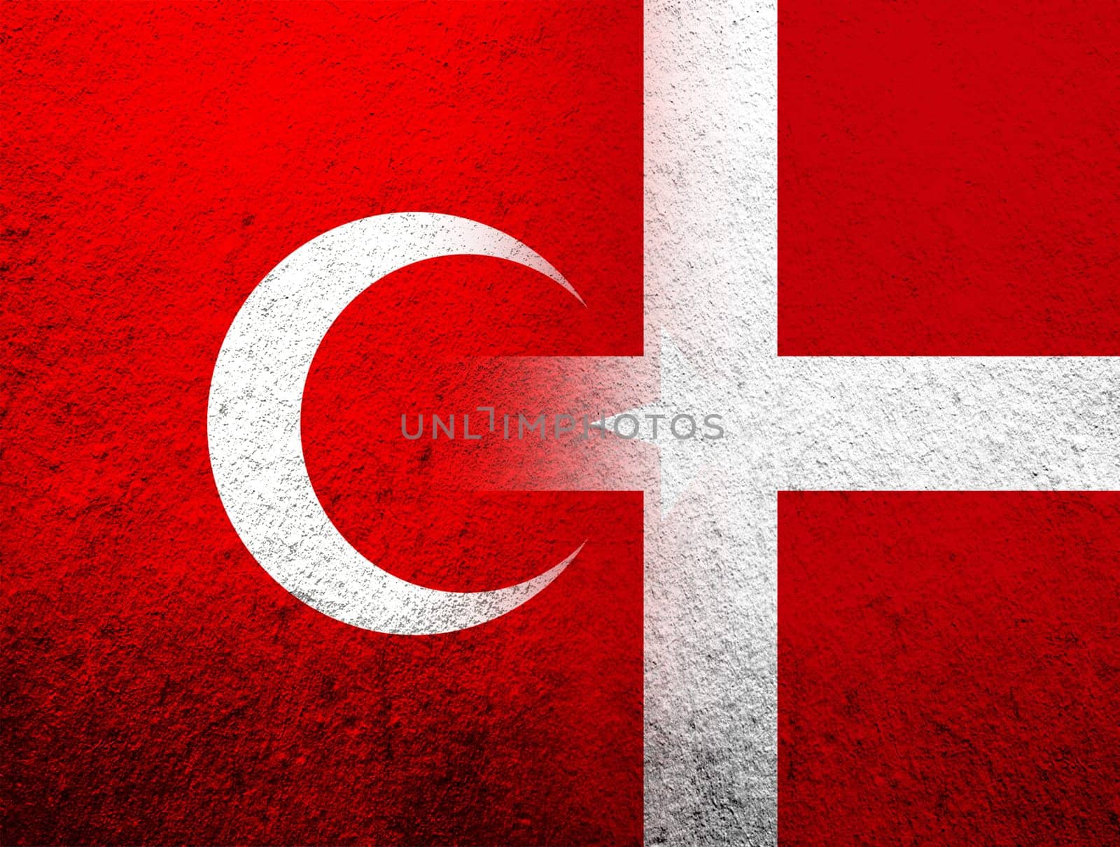 the Kingdom of Denmark National flag with National flag of Turkey. Grunge Background