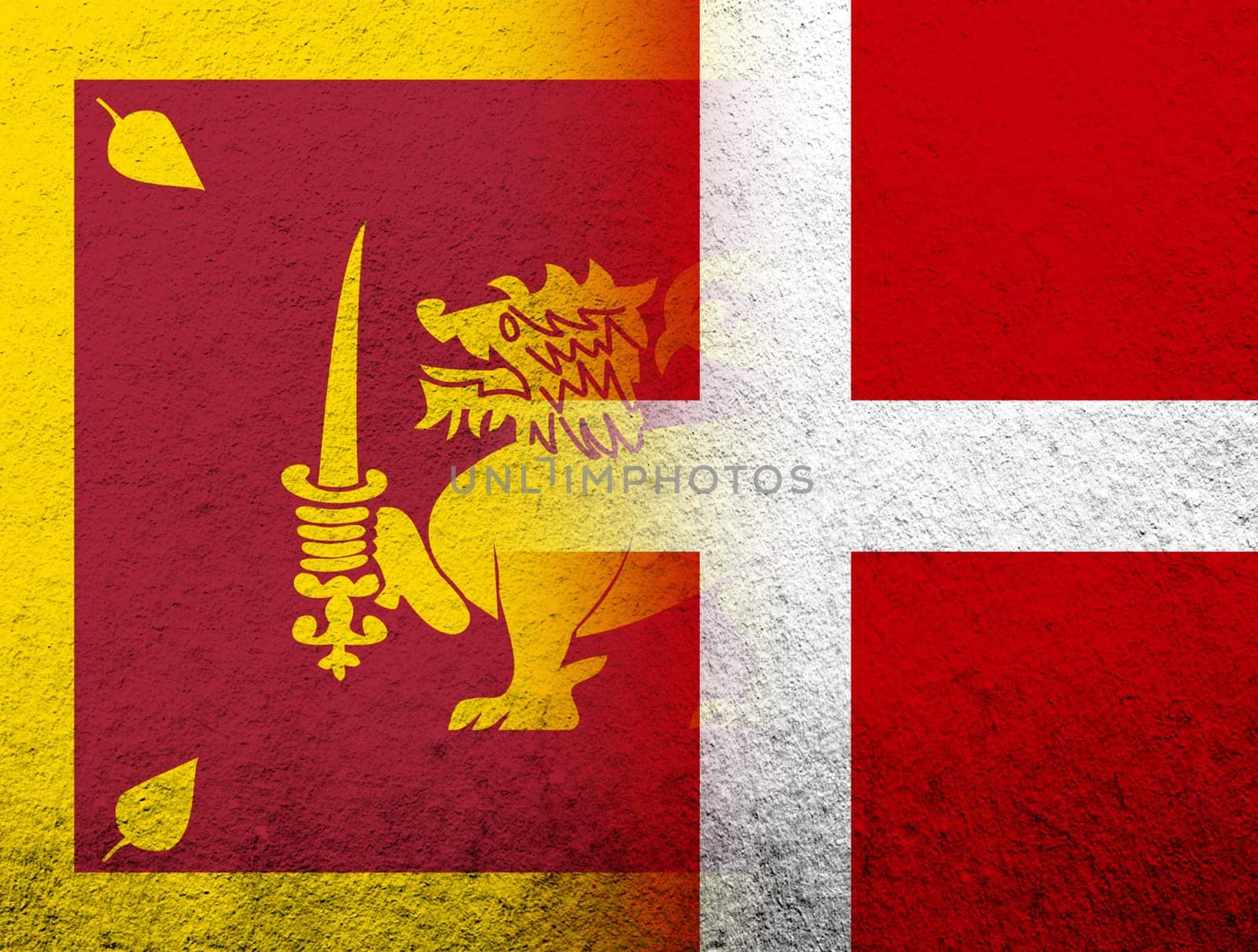 the Kingdom of Denmark National flag with Sri Lanka National flag. Grunge Background