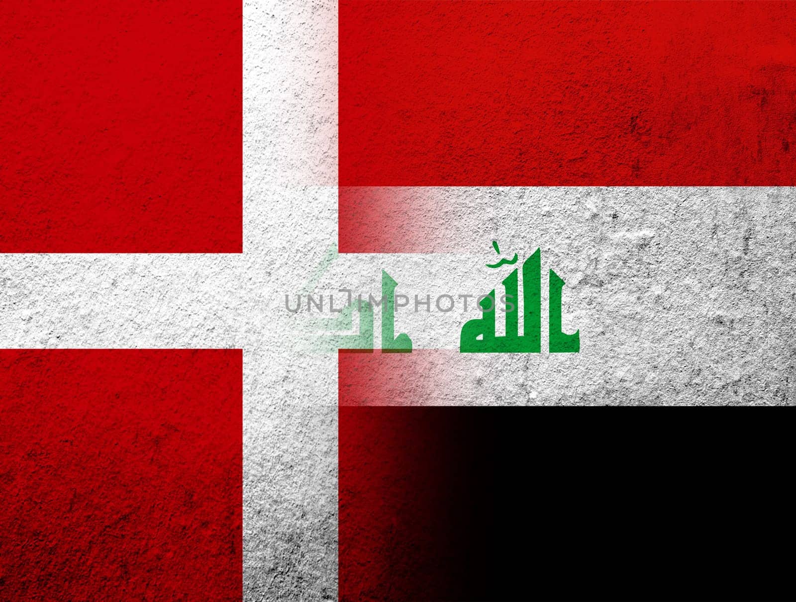 the Kingdom of Denmark National flag with Republic of Iraq National flag. Grunge Background