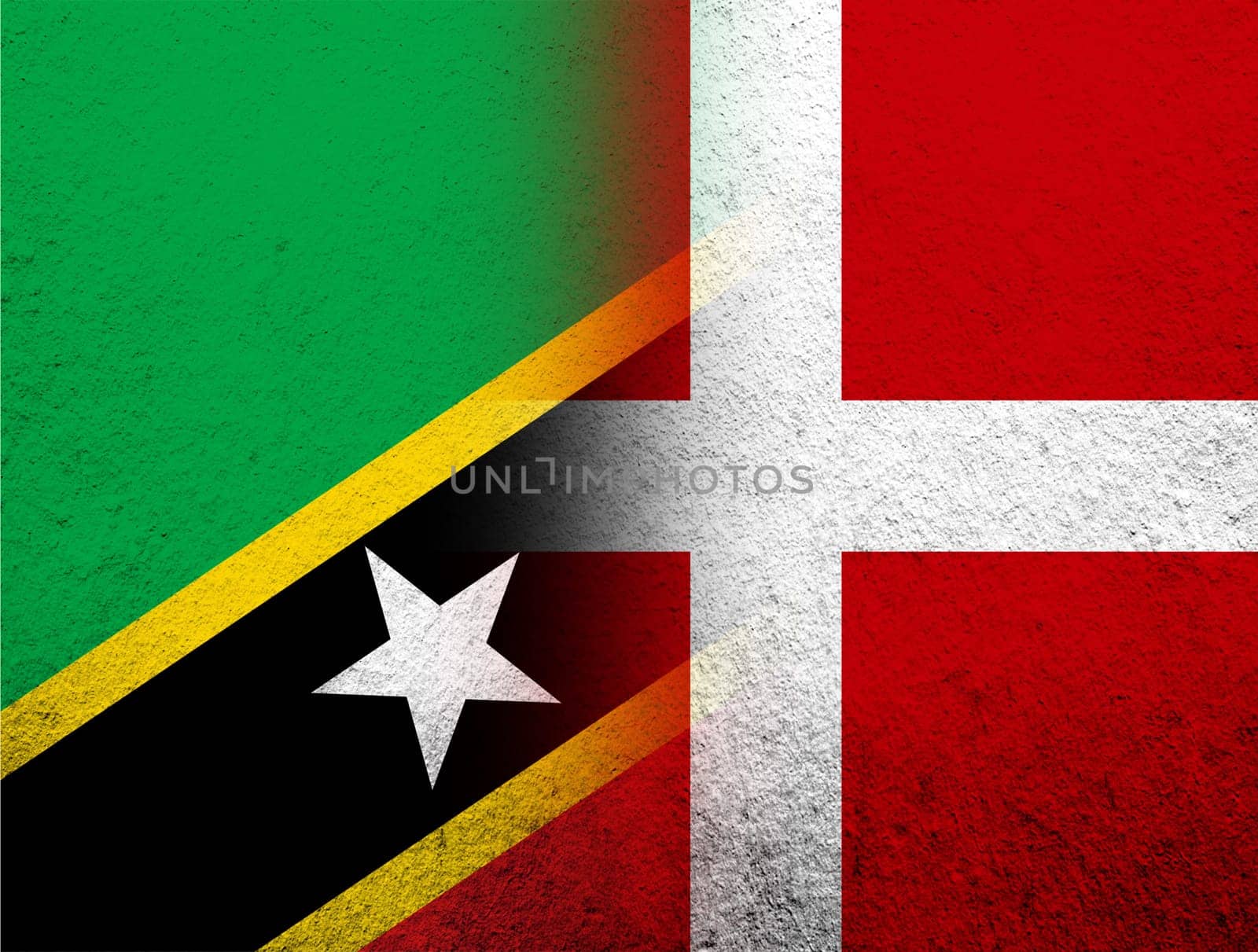 the Kingdom of Denmark National flag with Saint Kitts and Nevis National flag. Grunge Background