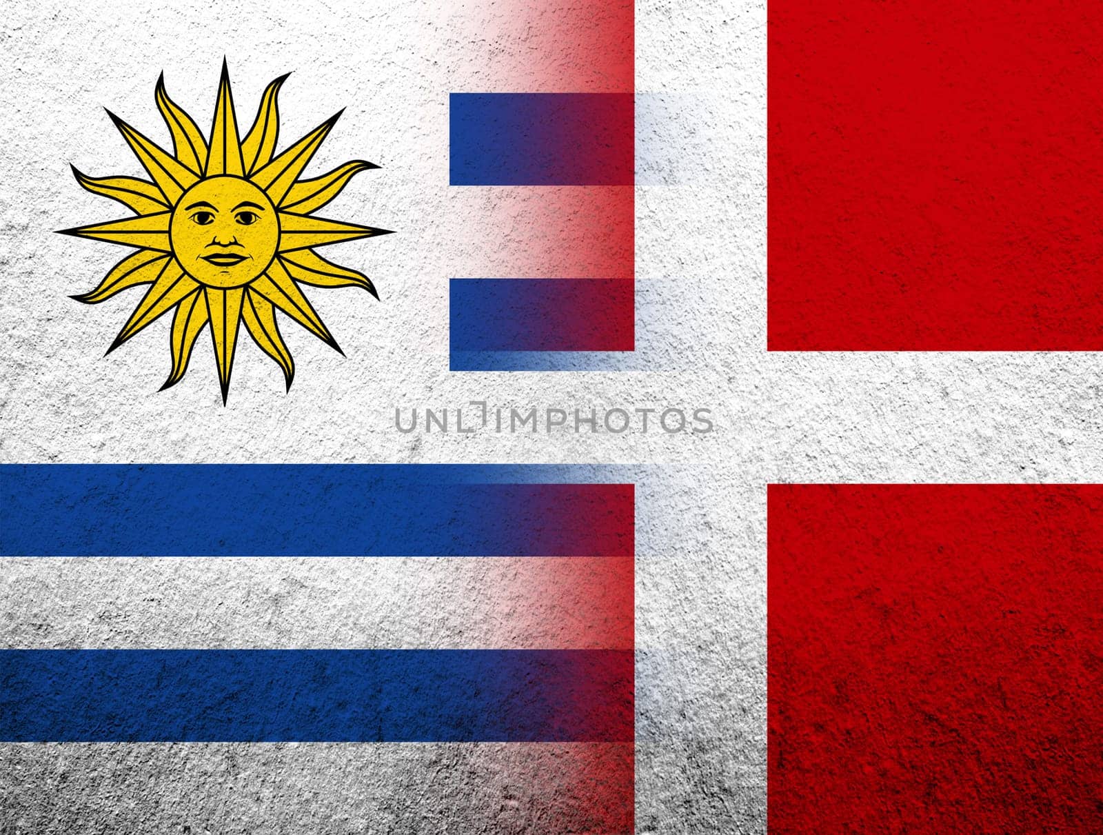 the Kingdom of Denmark National flag with Republic of the Uruguay National flag. Grunge Background