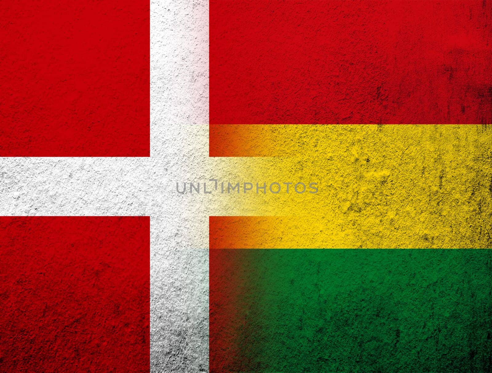 the Kingdom of Denmark National flag with  State of Bolivia National flag. Grunge Background