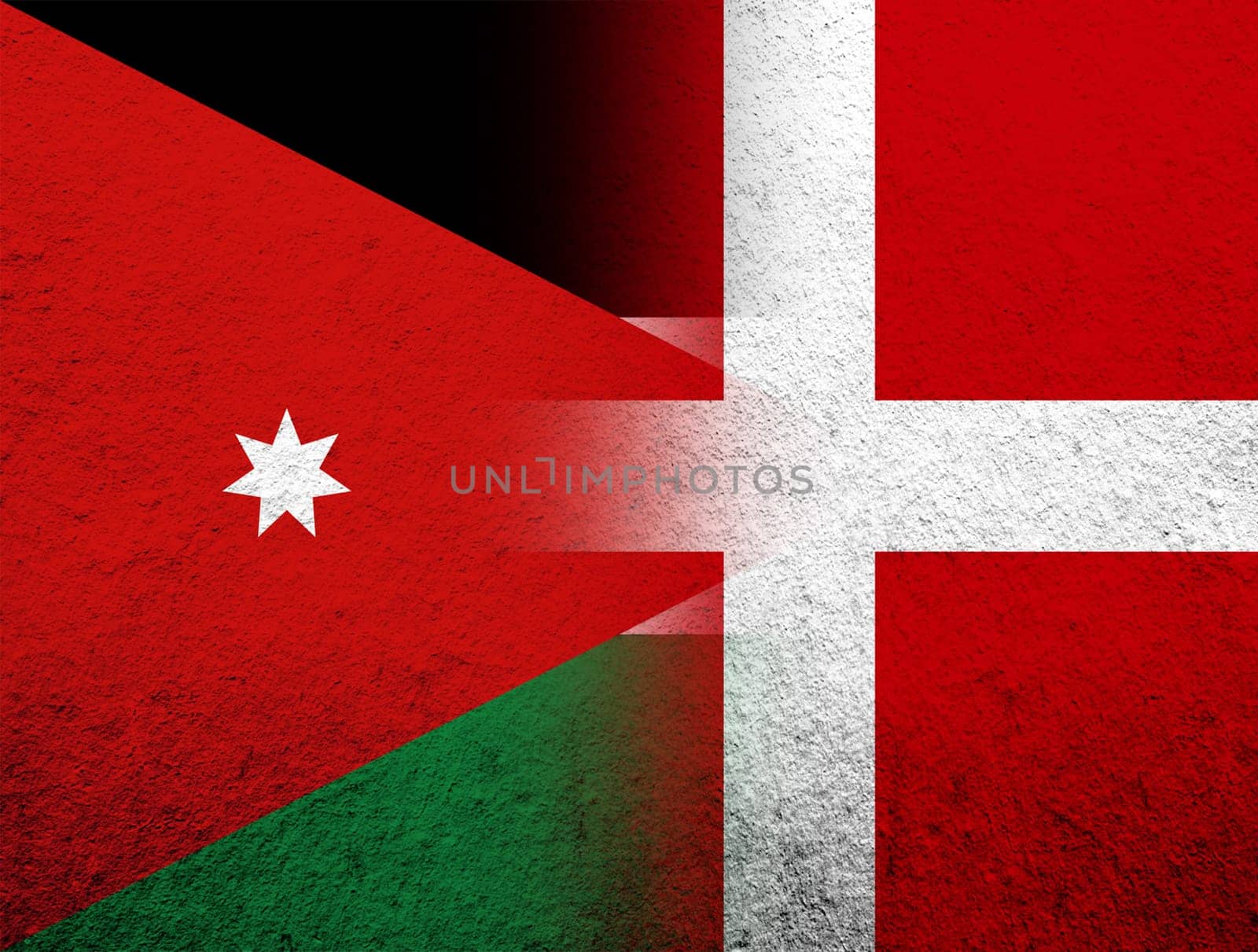 the Kingdom of Denmark National flag with The Hashemite Kingdom of Jordan National flag. Grunge Background