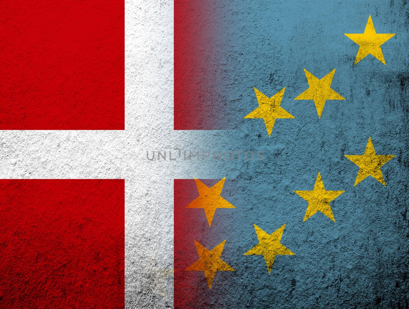 the Kingdom of Denmark National flag with The Ellice Islands Tuvalu National flag. Grunge Background
