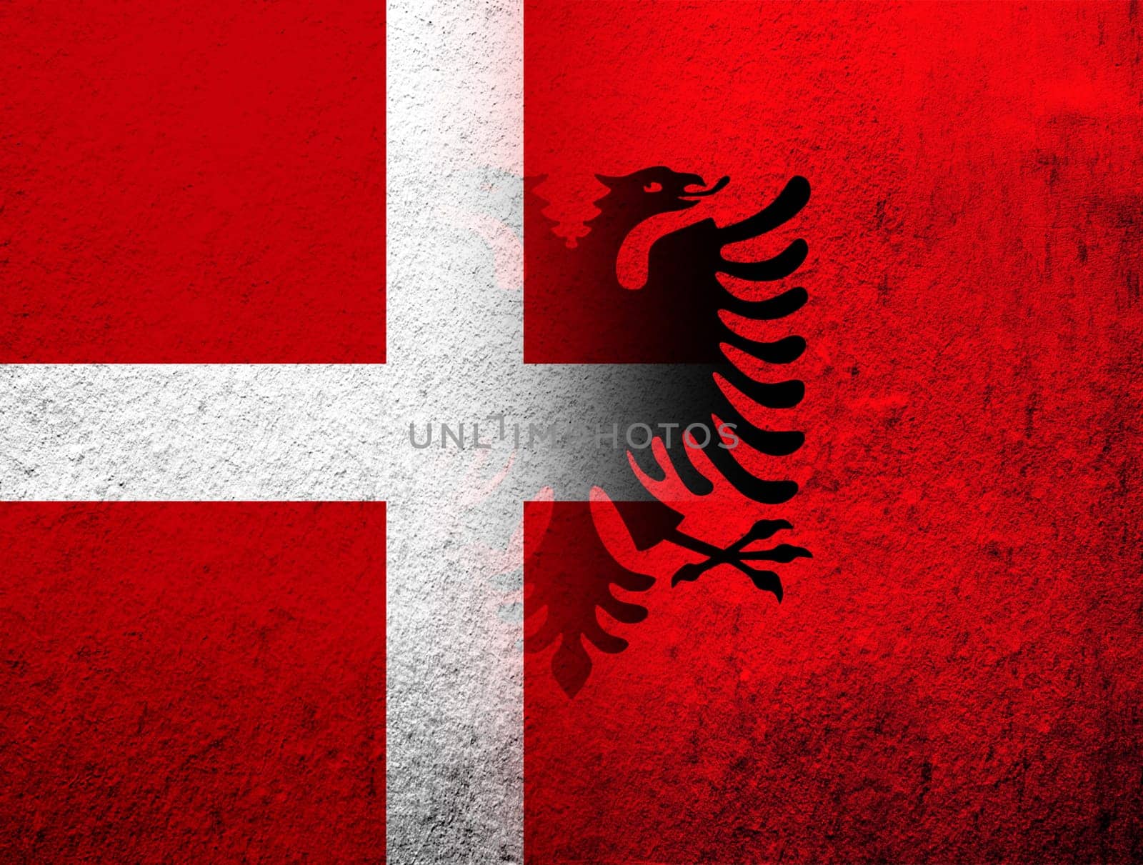 the Kingdom of Denmark National flag with Republic of Albania National flag. Grunge Background