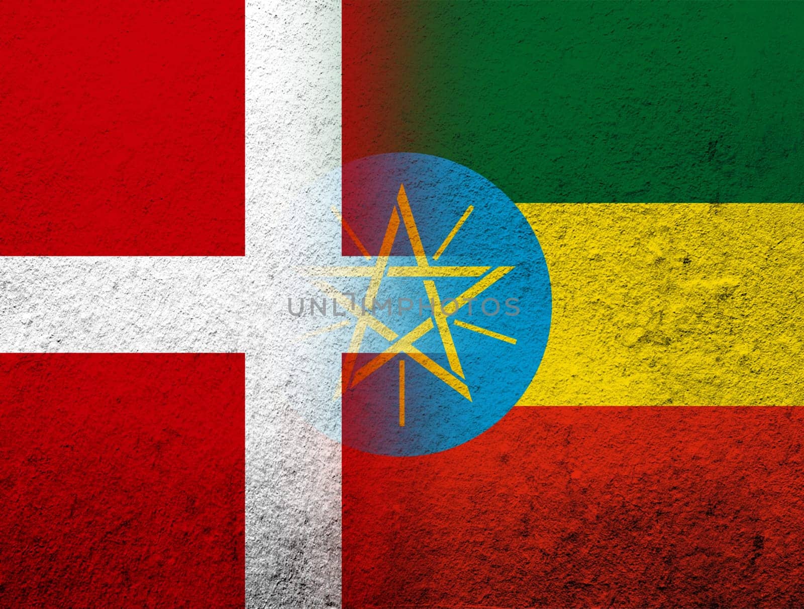 the Kingdom of Denmark National flag with The Federal Democratic Republic of Ethiopia National flag. Grunge Background