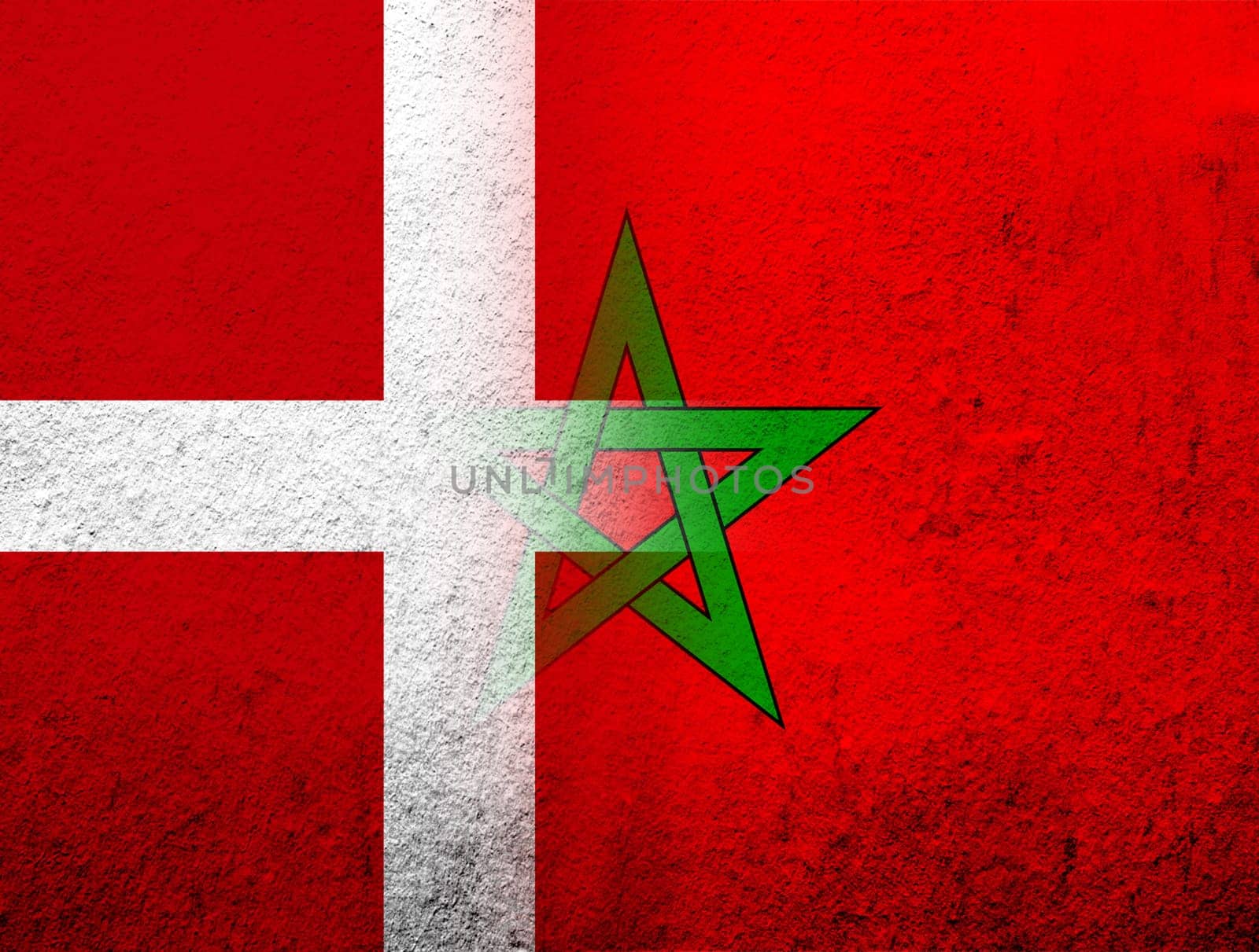 the Kingdom of Denmark National flag with The Kingdom of Morocco National flag. Grunge Background