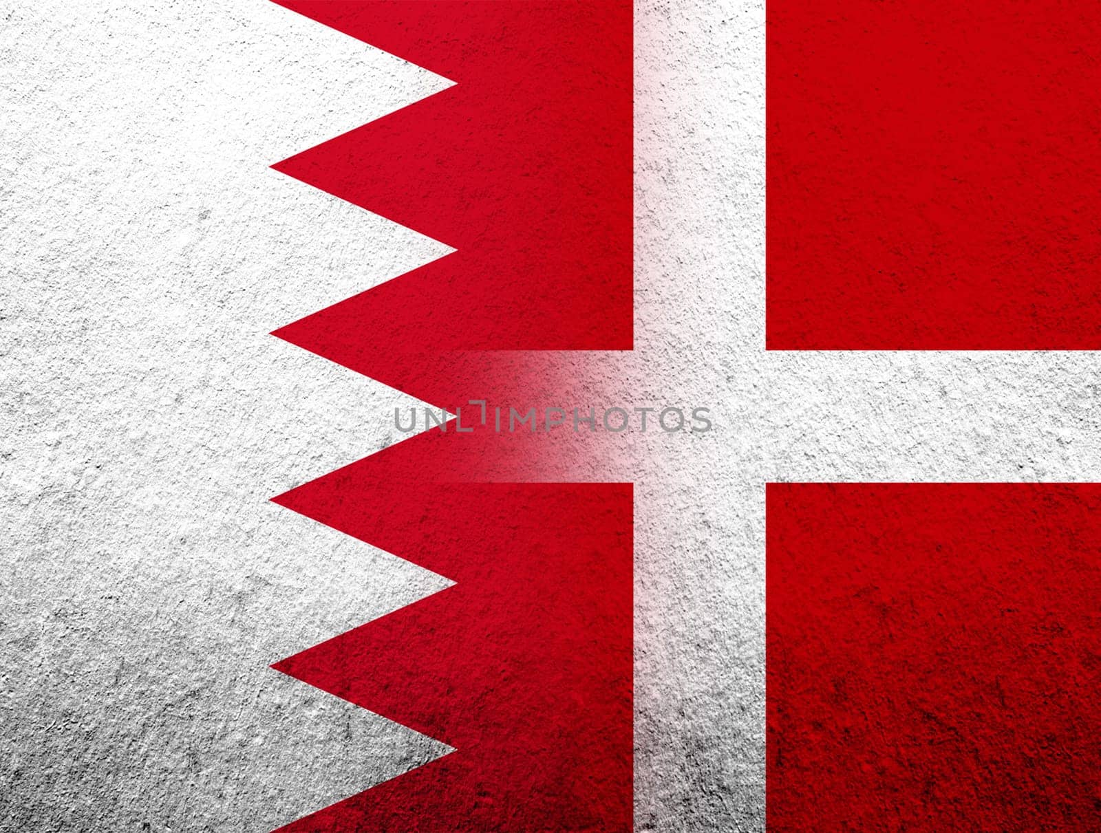 the Kingdom of Denmark National flag with The Kingdom of Bahrain national flag. Grunge Background