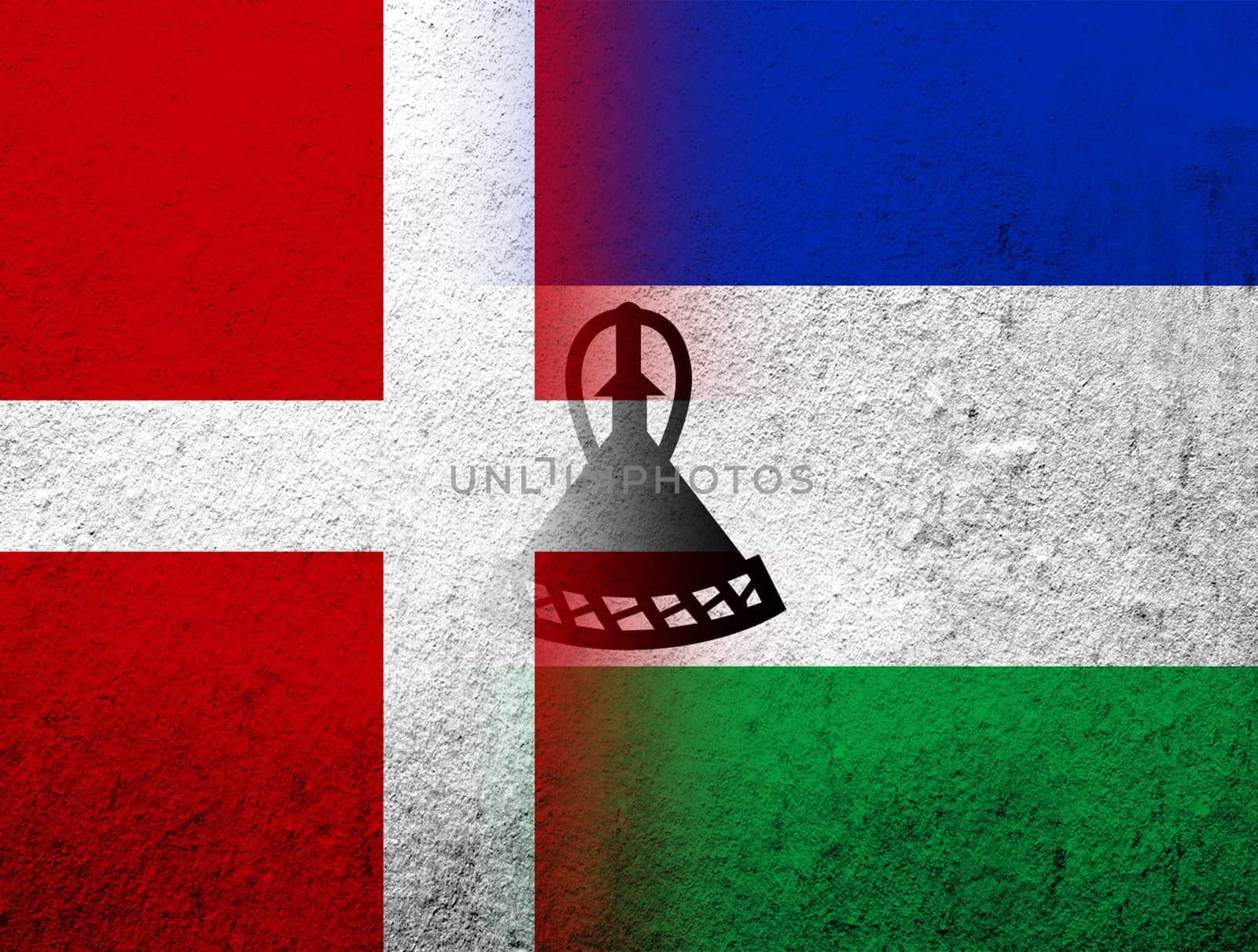 the Kingdom of Denmark National flag with The Kingdom of Lesotho National flag. Grunge Background