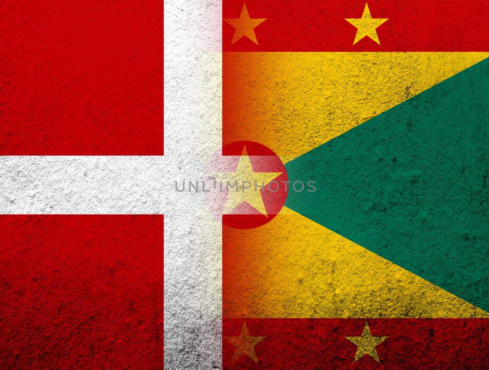 the Kingdom of Denmark National flag with National flag of Grenada. Grunge Background
